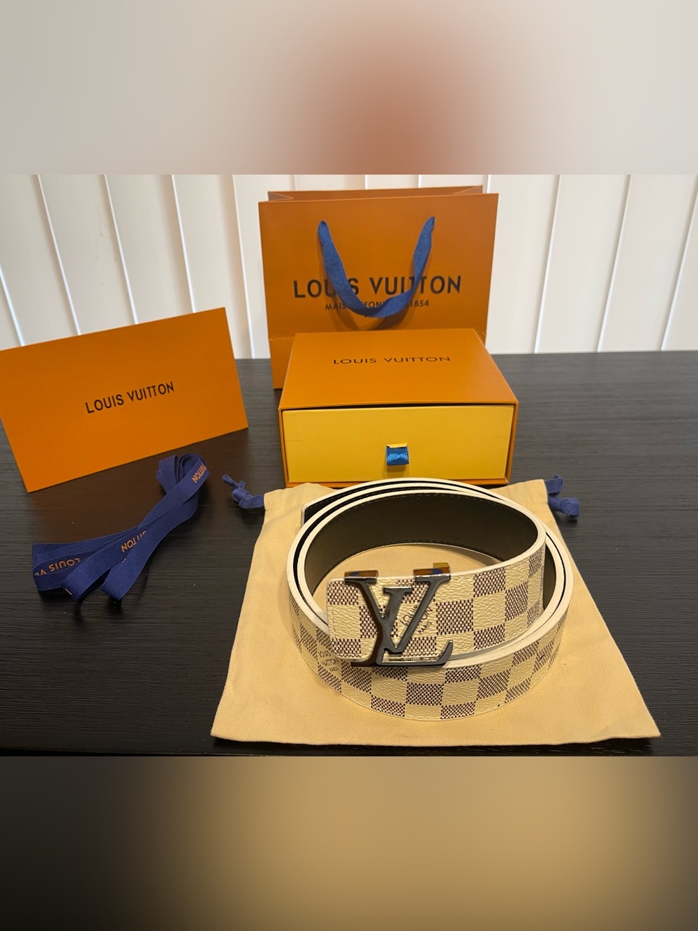 Louis Vuitton Damier Azur Canvas Men’s Belt with Silver LV Buckle- White-Blue